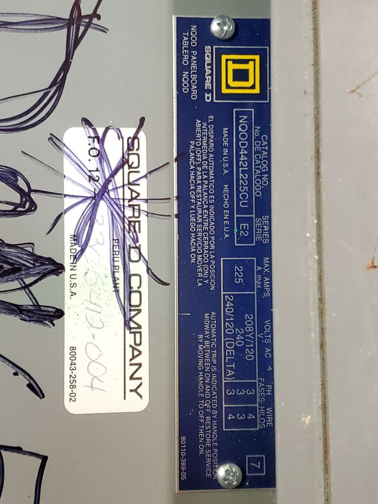 Square D NQOD Panel With Breakers 225 Amp 208Y/120240 Volt3 Phase 4 W