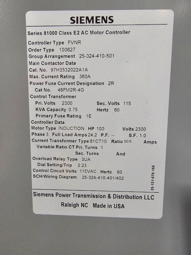 Siemens Medium Voltage Motor Control Center 1000 Amp 2300 Volt 3 Phase