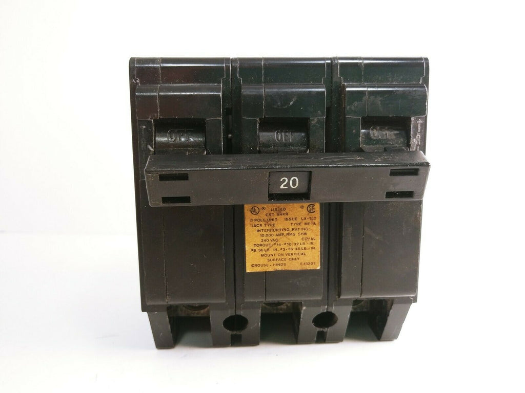 CrouseHinds MPA 20 Amp Circuit Breaker 240 Volt 3 Pole IndSurp