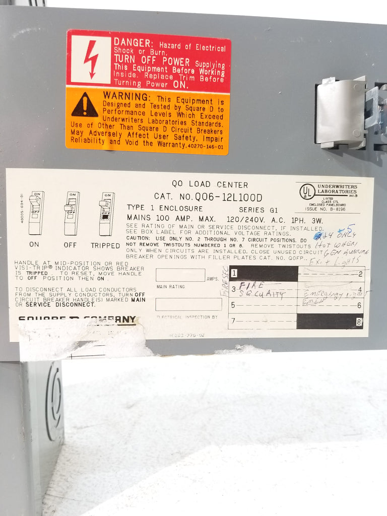 Square D QO Panel With 100 Amp Main & Breakers 120/240 Volt 1 Phase 3