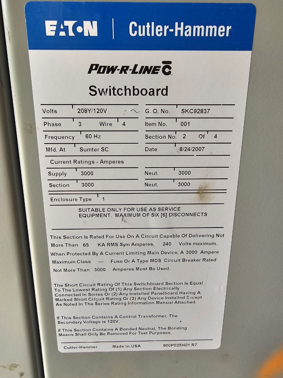 EATON/Cutler-Hammer Switchboard 3000 Amp Main Breaker 208Y/120 3 Phase 4 Wire 60 Hz