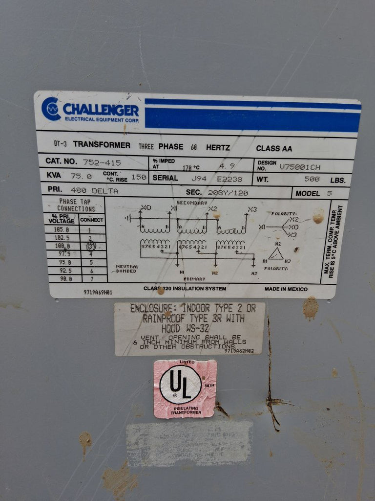 Challenger Transformer 75 KVA 480 Volt 3 Phase 60 Hz Cat# 752-415 – IndSurp