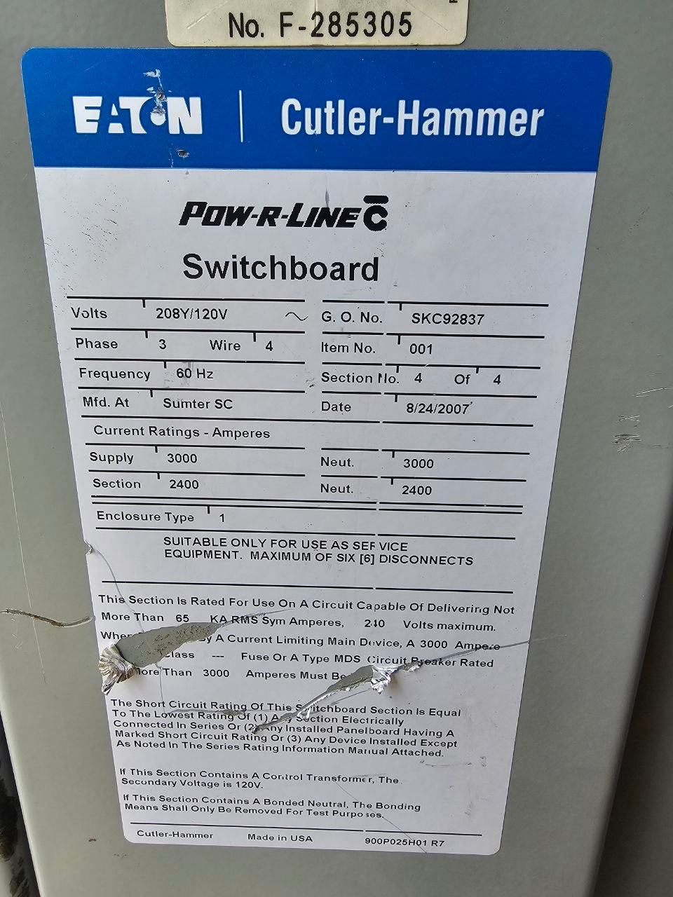 EATON/Cutler-Hammer Switchboard 3000 Amp Main Breaker 208Y/120 3 Phase 4 Wire 60 Hz