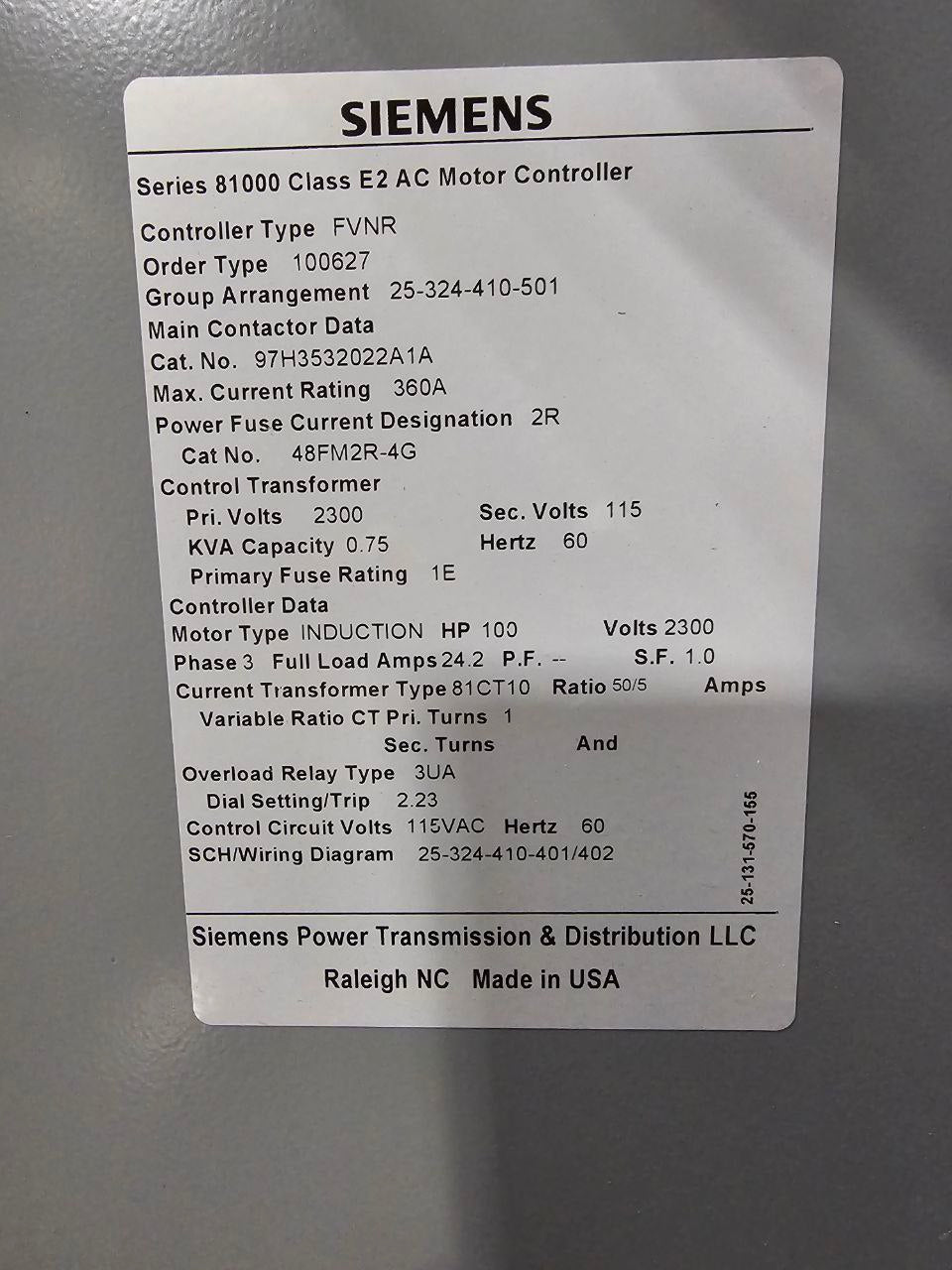 Siemens Medium Voltage Motor Control Center 1000 Amp 2300 Volt 3 Phase