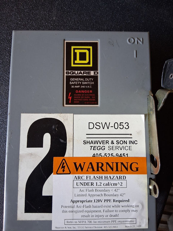 Square D Disconnect 30 Amp 240 Volt Cat# DU321 Un-Fused