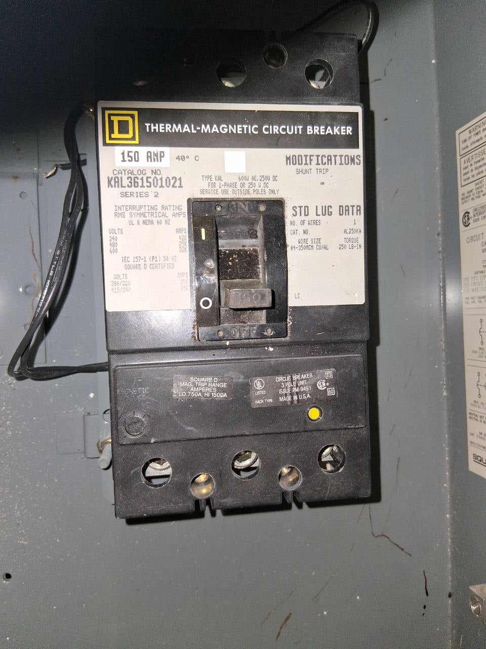 Square D KAL Thermal Magnetic Circuit Breaker in Enclosure 150 Amp 600 Volt Cat# KAL361501021