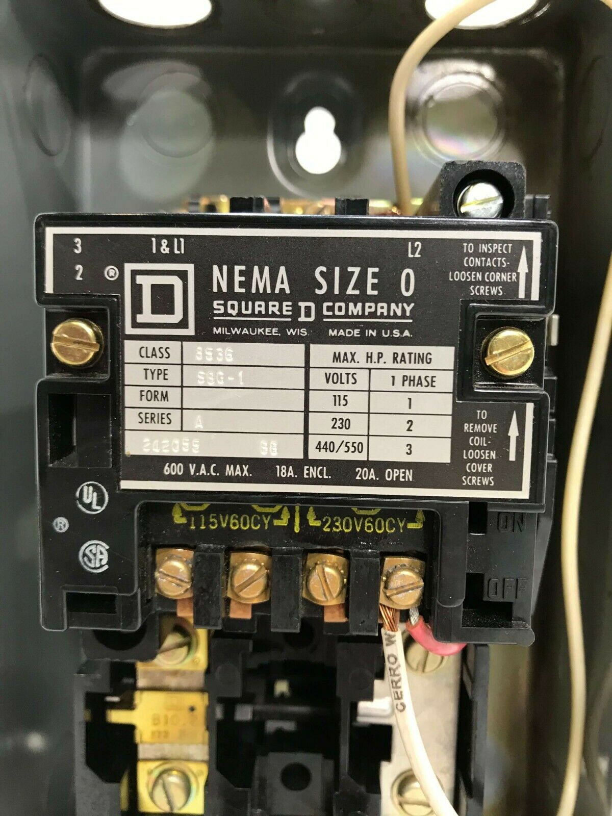 Square D Nema Size 0 Motor Starter 600 Volt 18 A. Encl. 20 A. Open 60 –  IndSurp