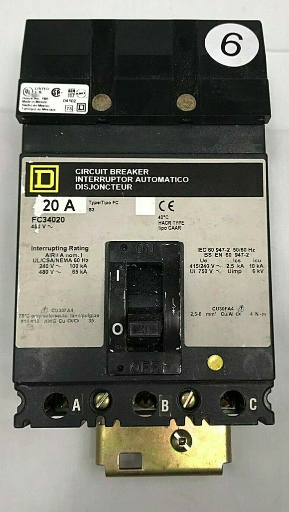 Square D 20 Amps  480 volt I-Line Circuit Breaker 3 Pole Cat# FC34020
