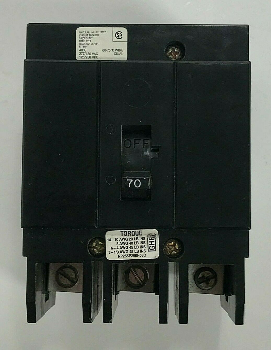 Westinghouse GHB 70 Amp Circuit Breaker 277/480 VAC 125/250