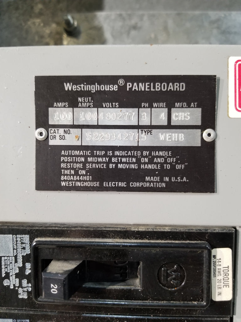 Westinghouse WEHB Panel With Breakers 100 Amps 480Y/277 Volt 3 Phase 4